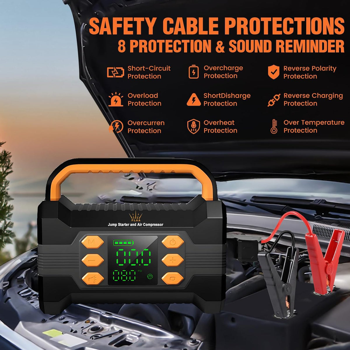 FLAA Jump Starter with Air Compressor 6000A, Portable Car Battery Booster, Jumper, 150PSI Tire Inflator, Power Pack, USB-C Quick Charge, for 12V Cars, Trucks, SUVs, 8.5L Gas/6.5L Diesel