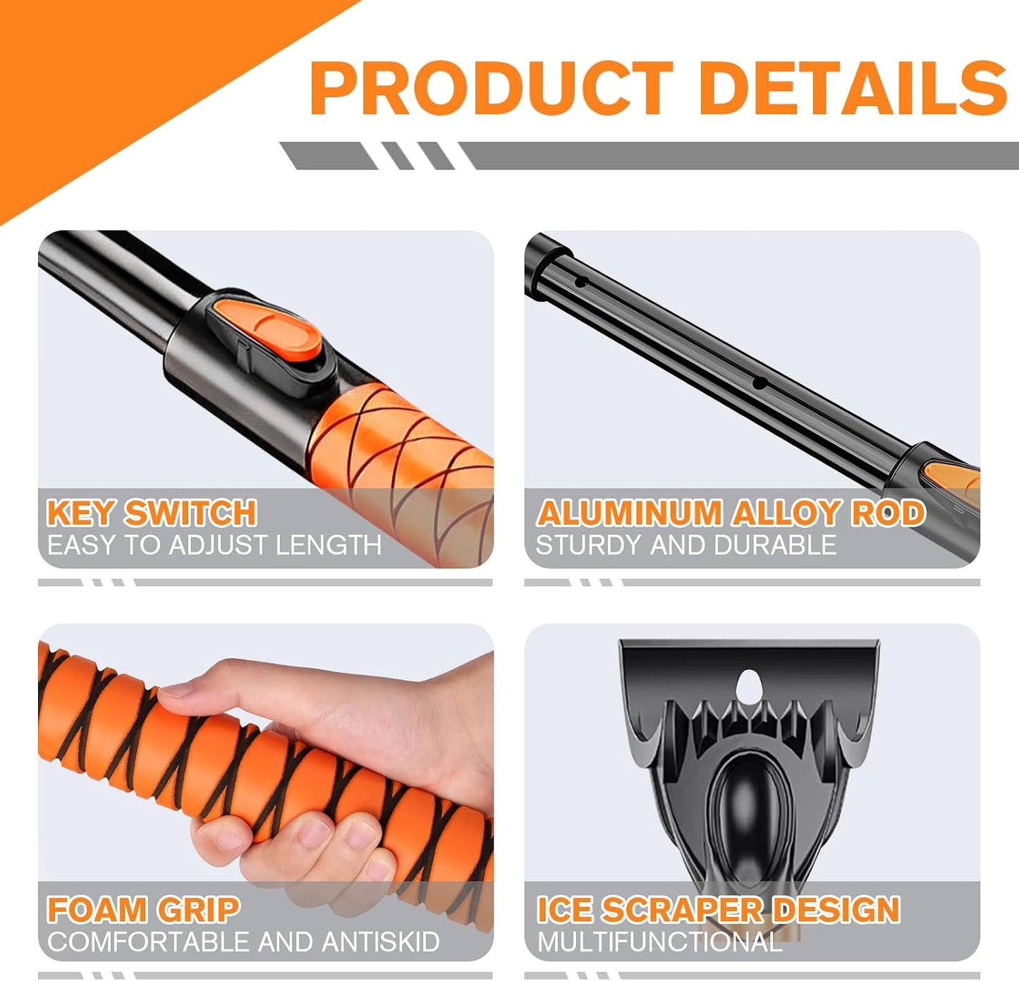 Showvigor Extendable Snow Brush and Ice Scraper for Car, 30"-35"-39" Adjustable Long Handle & 4.3" Ice Chipper, 360° Pivoting Brush Head & Comfortable Antiskid Grip