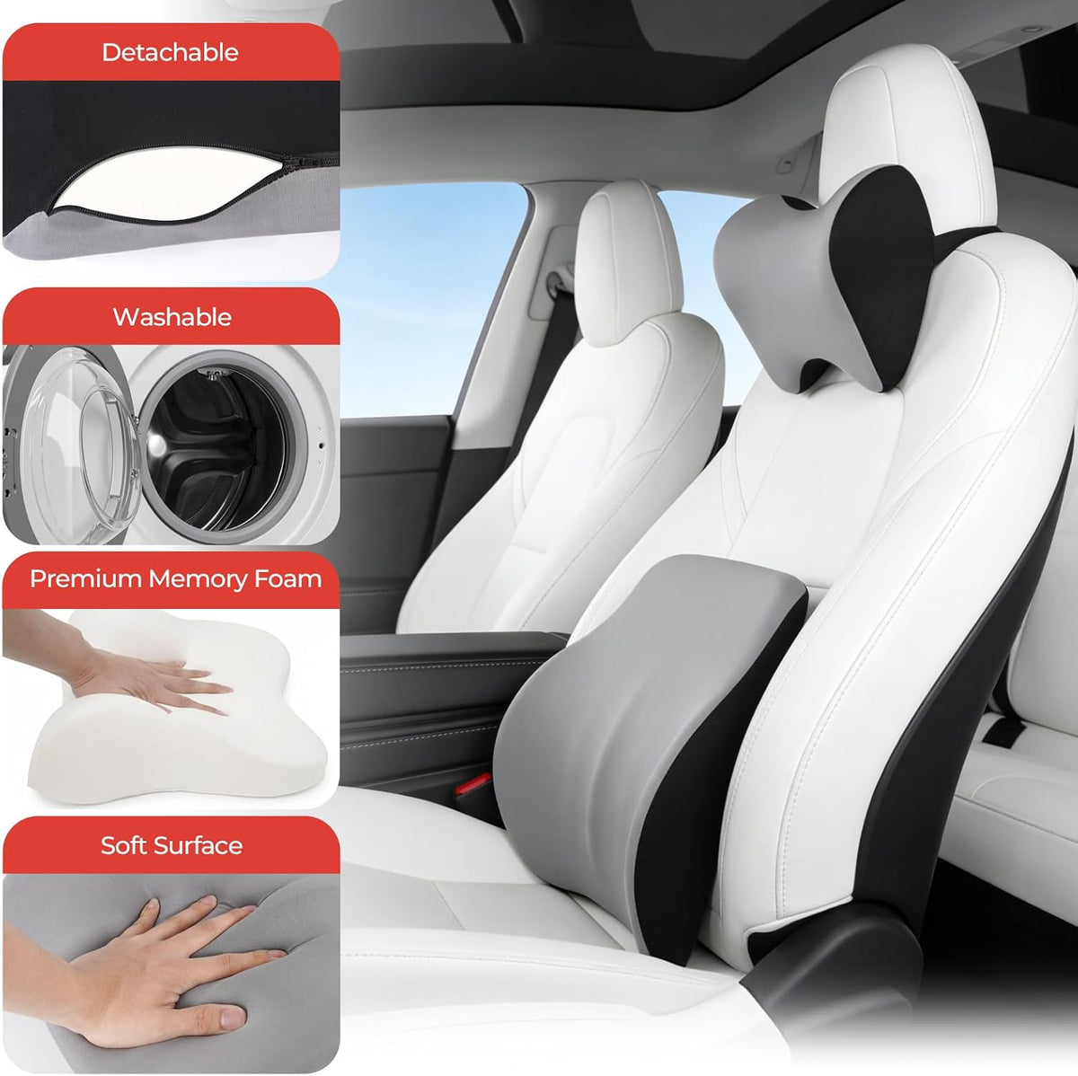 Car Headrest & Lumbar Support Set, Ergonomic Memory Foam Neck Pillow, Comfortable Travel Pillow for Car Truck SUV, Ideal for Long Driving (Gray) (Gray)