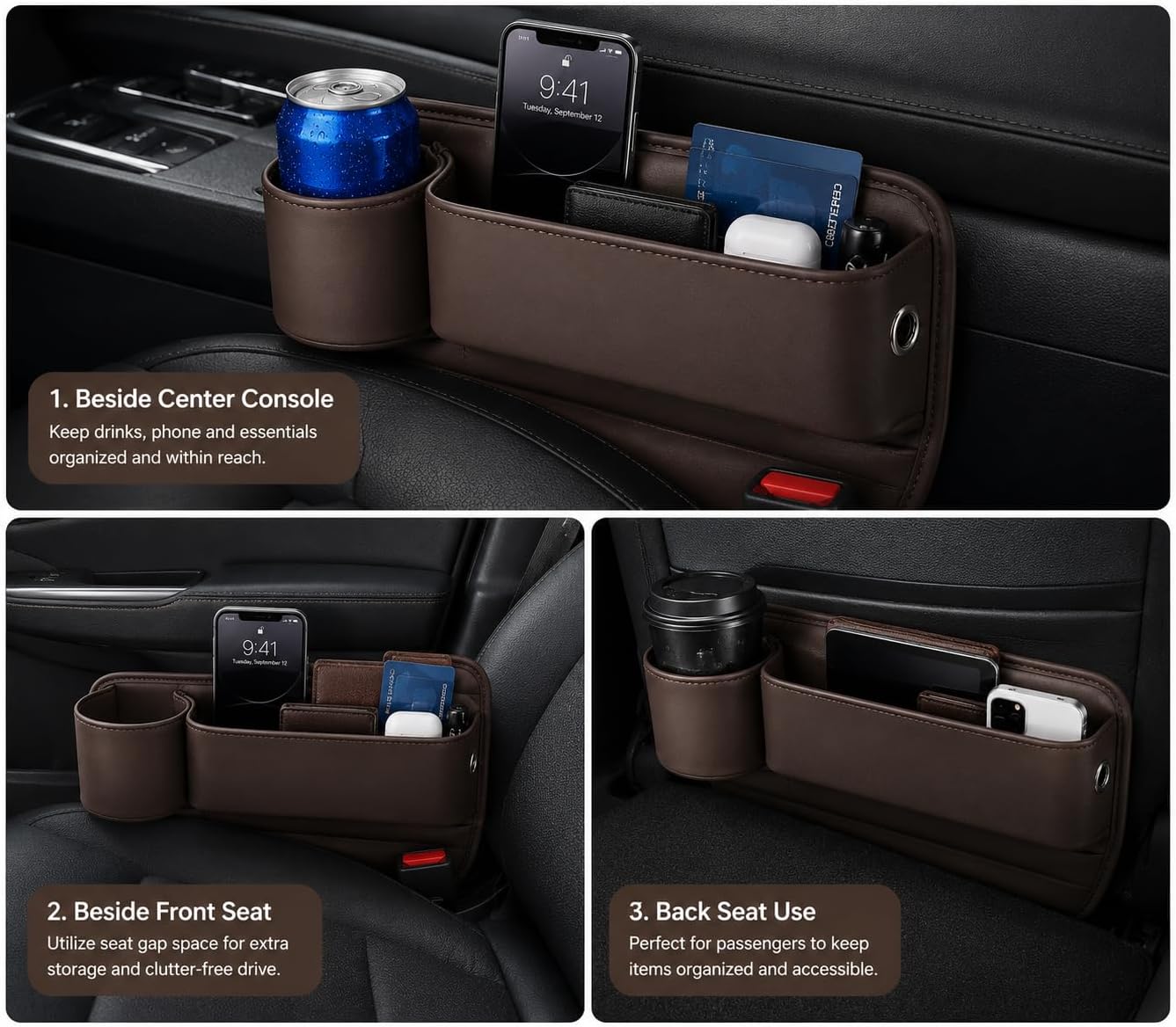 Car Seat Gap Filler Organizer with Cup Holder, Premium Leather Seat Gap Filler, Anti-Drop Car Seat Gap Organizer for Phone, Keys & Wallet, Universal Front Seat Console Organizer for Car, SUV & Truck