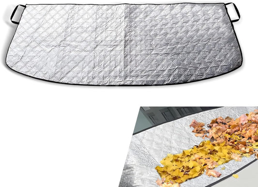 1 PC Car Front Windshield Rain Trough Cover, 66.9" x 17.7" Block Fallen Leaves Dust and Frost Protector for All Seasons, Adsorption Sunshade with Elastic Belt, Universal for Cars (Silver)