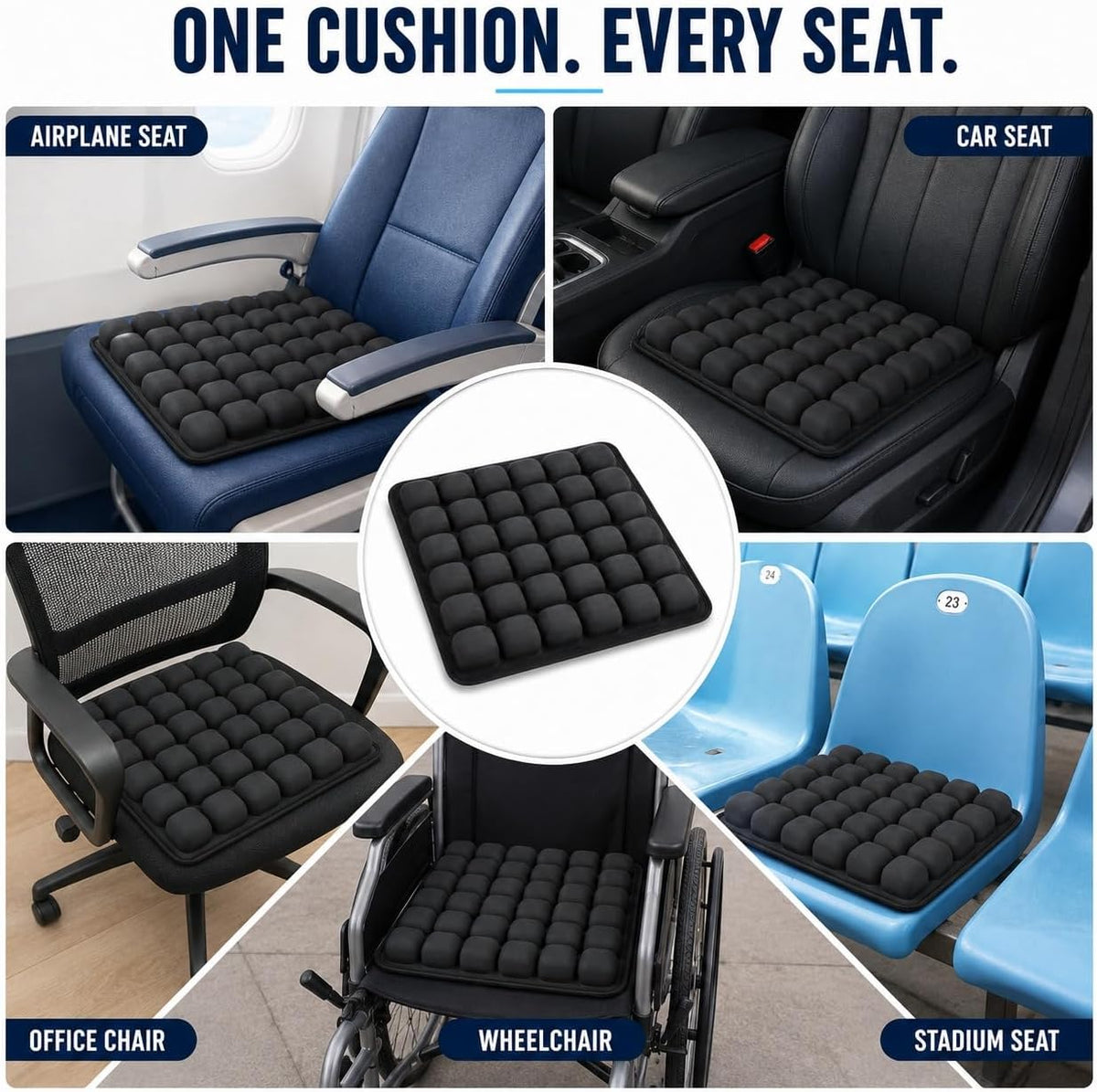 Inflatable Travel Seat Cushion with Built-in Pump - Compact Airplane Seat Cushion for Long Flights - Ergonomic Air Pad for Car, Stadium Bleachers & Desk Chair Comfort (Dark)