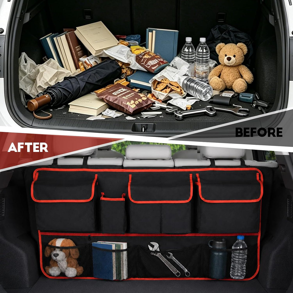 Car Trunk Organizer, Multi-pocket Large Capacity Vehicle Backseat Hanging Storage Bag with Adjustable Straps, Automotive Seat Back Trunk Cargo Organizer Bag for SUV, Car Accessories (Black+Red)