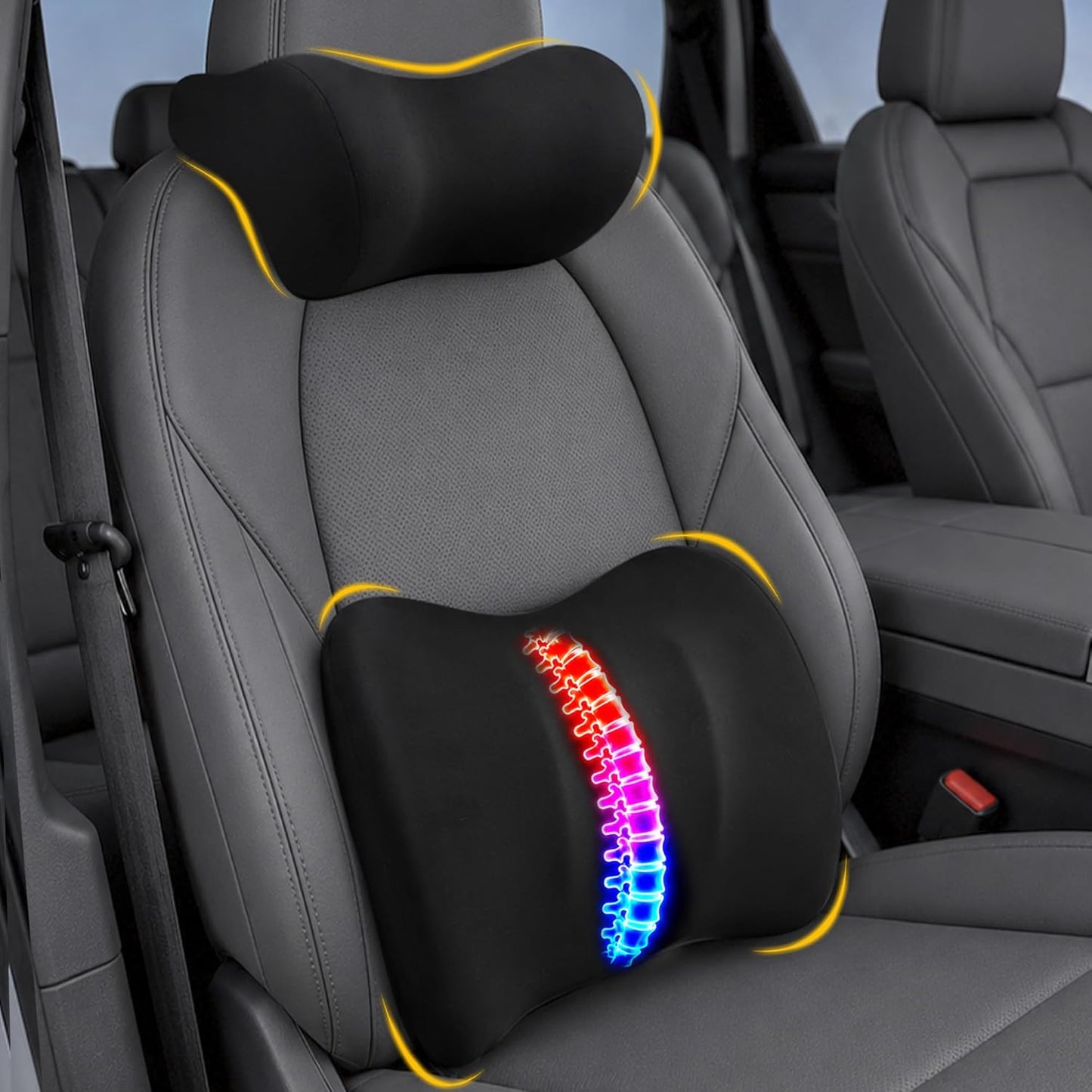 Allaboutsla Lumbar Back Support Pillow for Car, Neck Headrest Pillow Set | Memory Foam Car Neck Support for Driving with Car Back Support, Adjustable Straps, Head Rest Pillow for Cars, Trucks, Black
