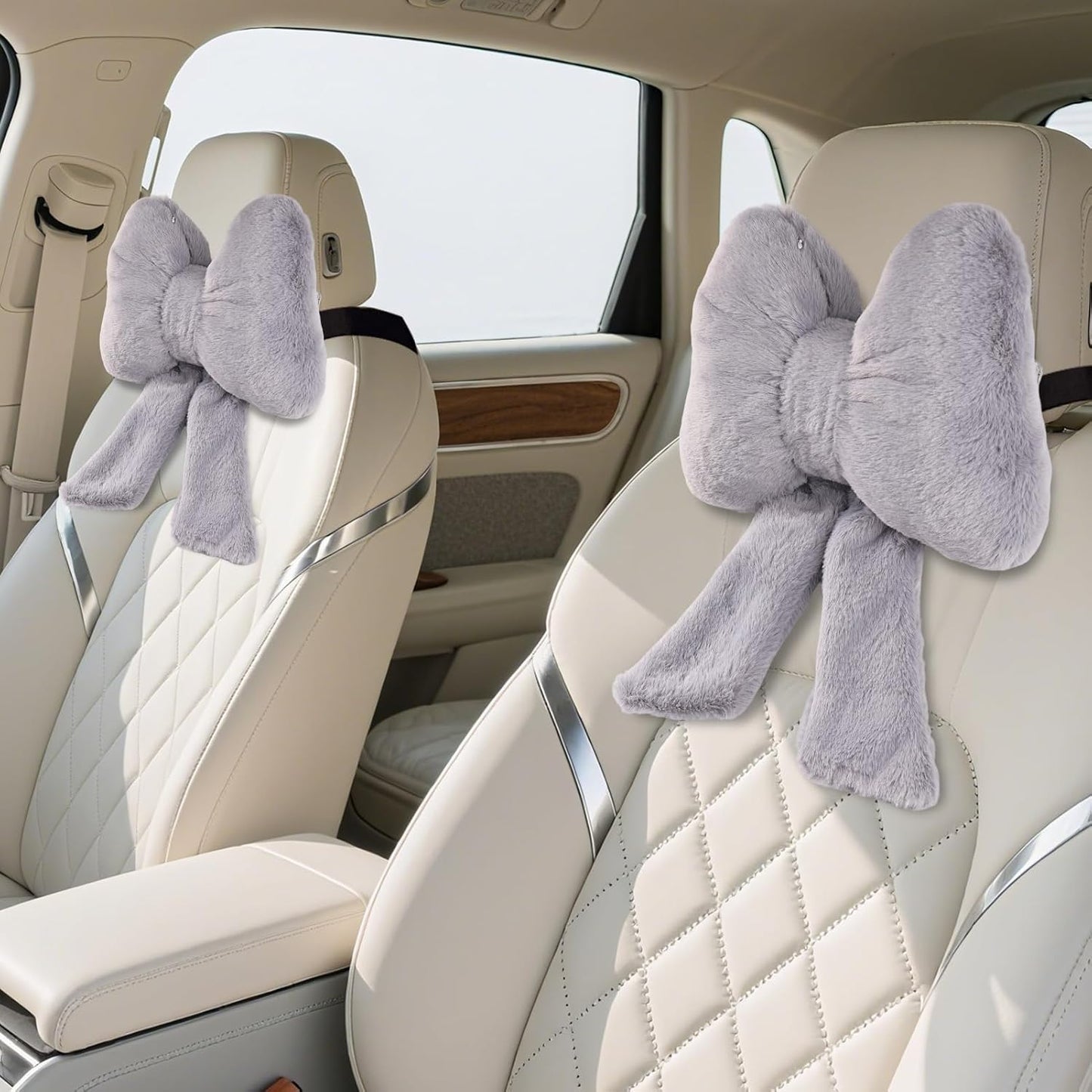 Bow Car Headrest Pillows Plush Car Neck Pillows for Travel Driving Office Chair Head Support Cushions, Also Cute Car Decor Accessories (2PCS Grey)