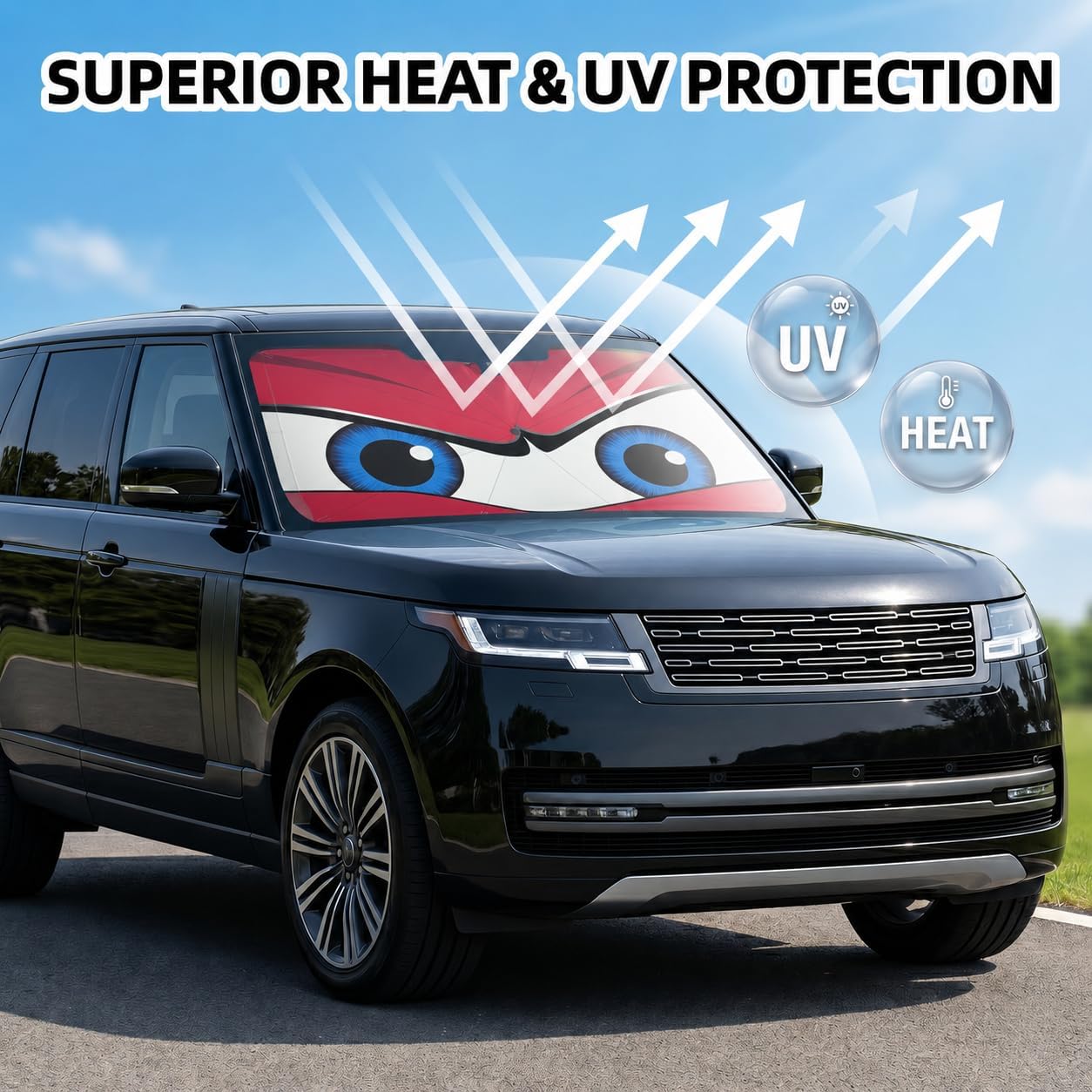 Car Windshield Sun Shade Umbrella, Universal Fit Mid-Large Sedans & SUVs | 57 x 31", Foldable UV Heat Blocking Front Window Sunshade with Rearview Mirror Cutout, Angry Red Eyes