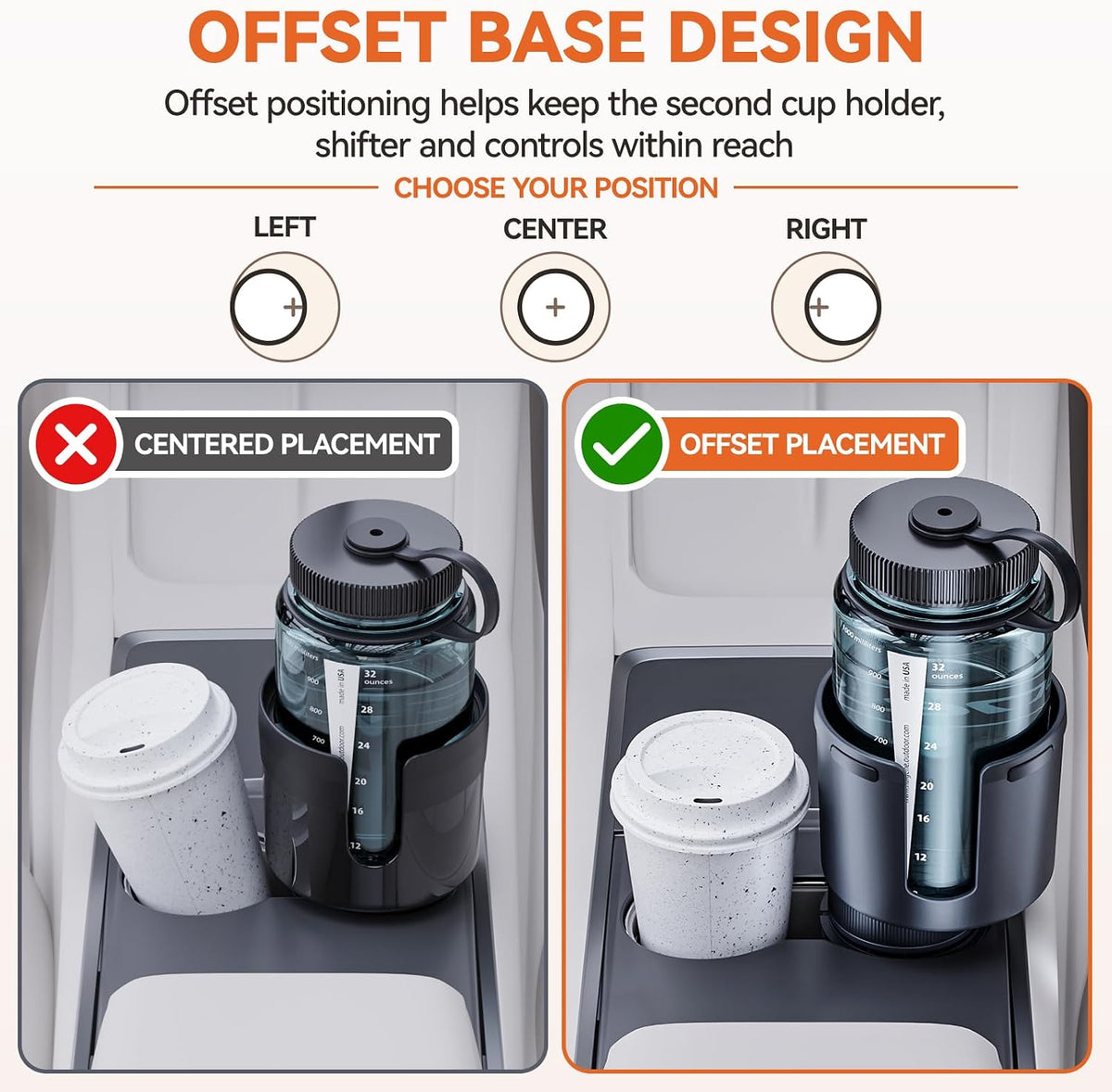 Car Cup Holder Expander for Large Water Bottles, Quick Install Cup Holder Extender for Car, Offset Base, Non Slip Adapter Compatible with Owala Stanley Yeti Hydro Flask 18-64 oz