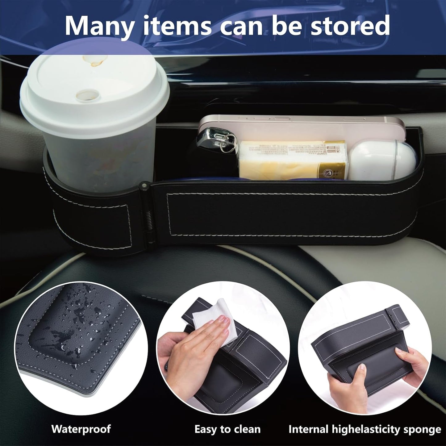 Car Seat Gap Filler Organizer,2 Pack Gap Filler for Car,Seat Gap Storage Box with Cup Holder Expander,Car Organizer Front Seat for Holding Phone, Glasses, Keys, Cards(Black)