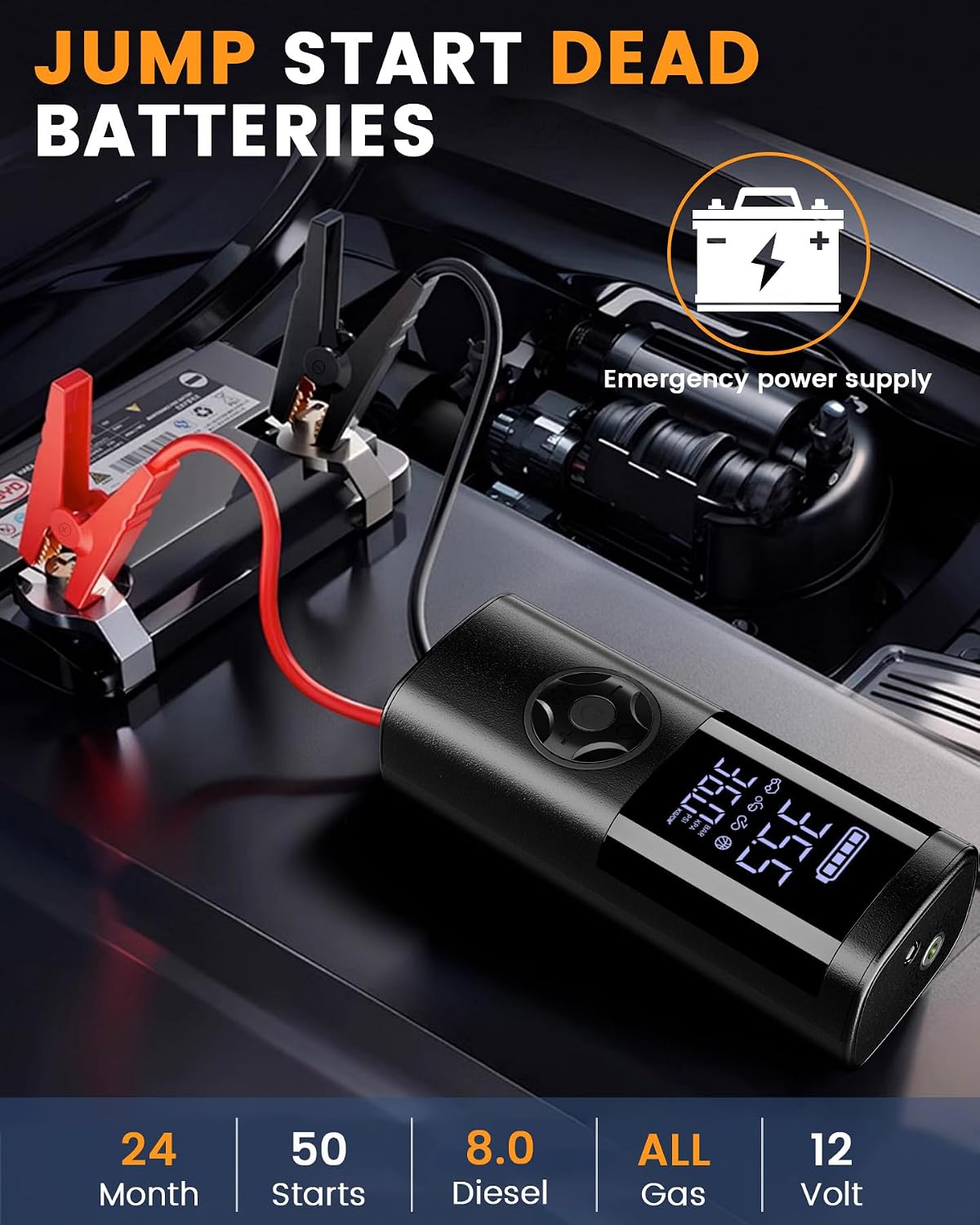 Jump Starter with Air Compressor, Peak Car Jumper Starter Portable, Jump Box with Jumper Cables, for Cars and Motorcycles, LCD Display