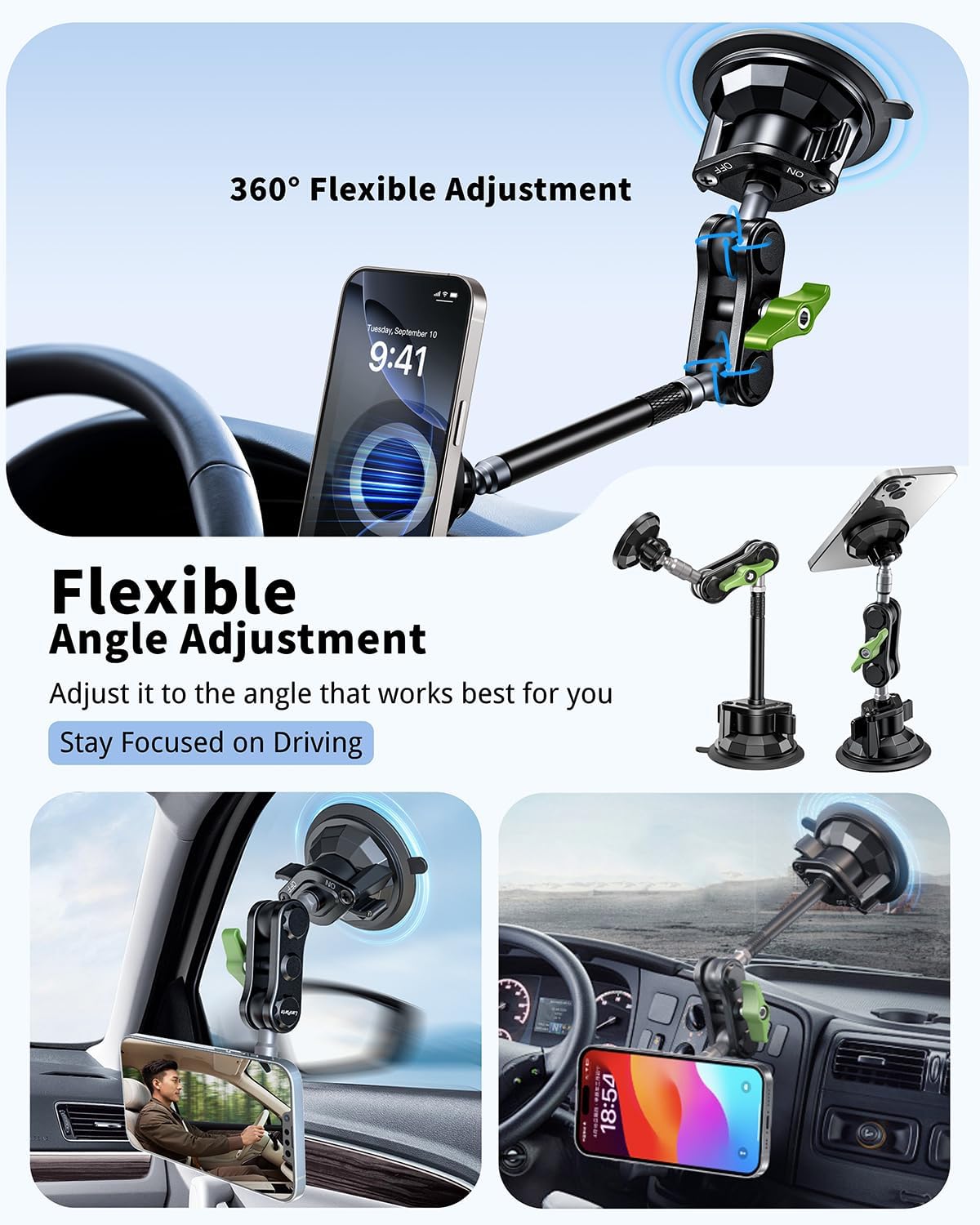 Magnetic Car Phone Holder, Ultra Stable Windshield Phone Mount, Strong Suction Cup & Powerful Magnetic, 360° Rotatable, Durable Premium Aluminum Alloy, for All Vehicles & All Smartphones