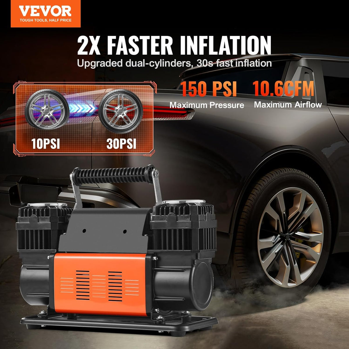 VEVOR 10.6 CFM Heavy Duty Air Compressor, 30s Fast Inflation | 1080W Dual-Cylinder Portable Tire Inflator, 12V 150PSI Offroad Air Pump with Adapters for Trucks Car SUV 4 x 4 Vehicle RV