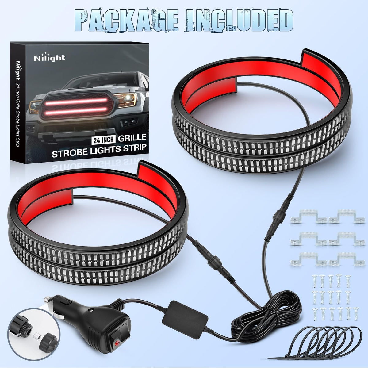 Nilight 2PCS 24" Truck Grille Strobe Light Strips 384 LED Red