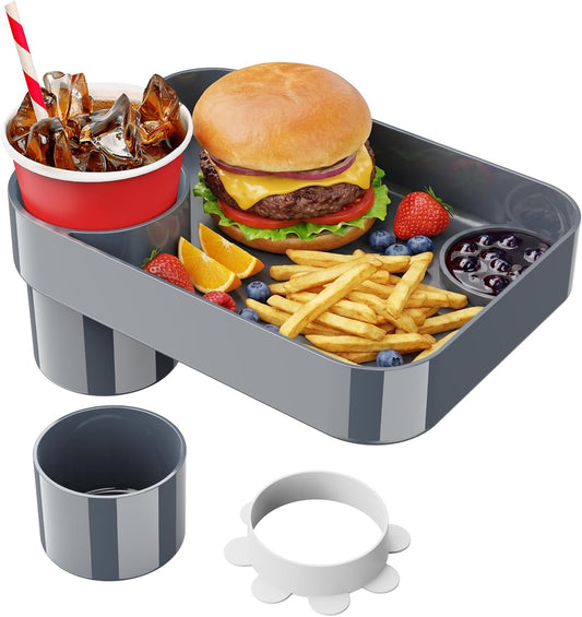 Car Seat Cup Holder Snack Tray for Kids, Reduces Mess, Detachable Large Base & Adjustable Ring, Carseat Tray for Toddler, Car Seat Food Tray Table for Kids Travel Road Trip Essentials-Dark Gray