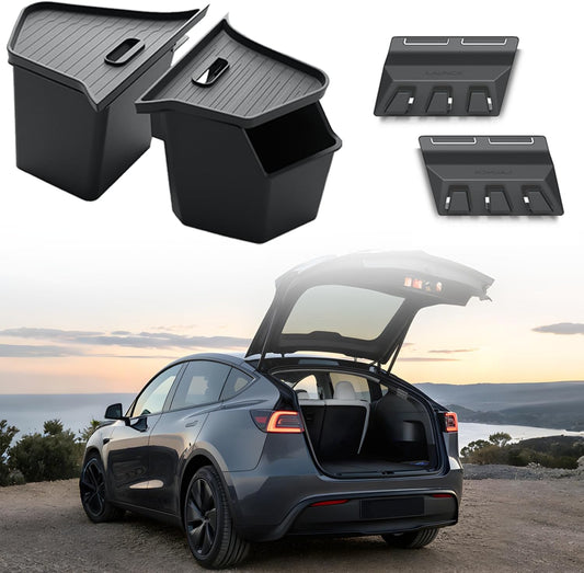 GEEDAR Tesla Model Y Juniper Trunk Organizer Set, 2 Trunk Storage Bins with TPE Lid + 2 Rear Trunk Organizer Hooks, Rear Trunk Side Storage Box for Model Y Juniper 2025 2026 Interior Accessories
