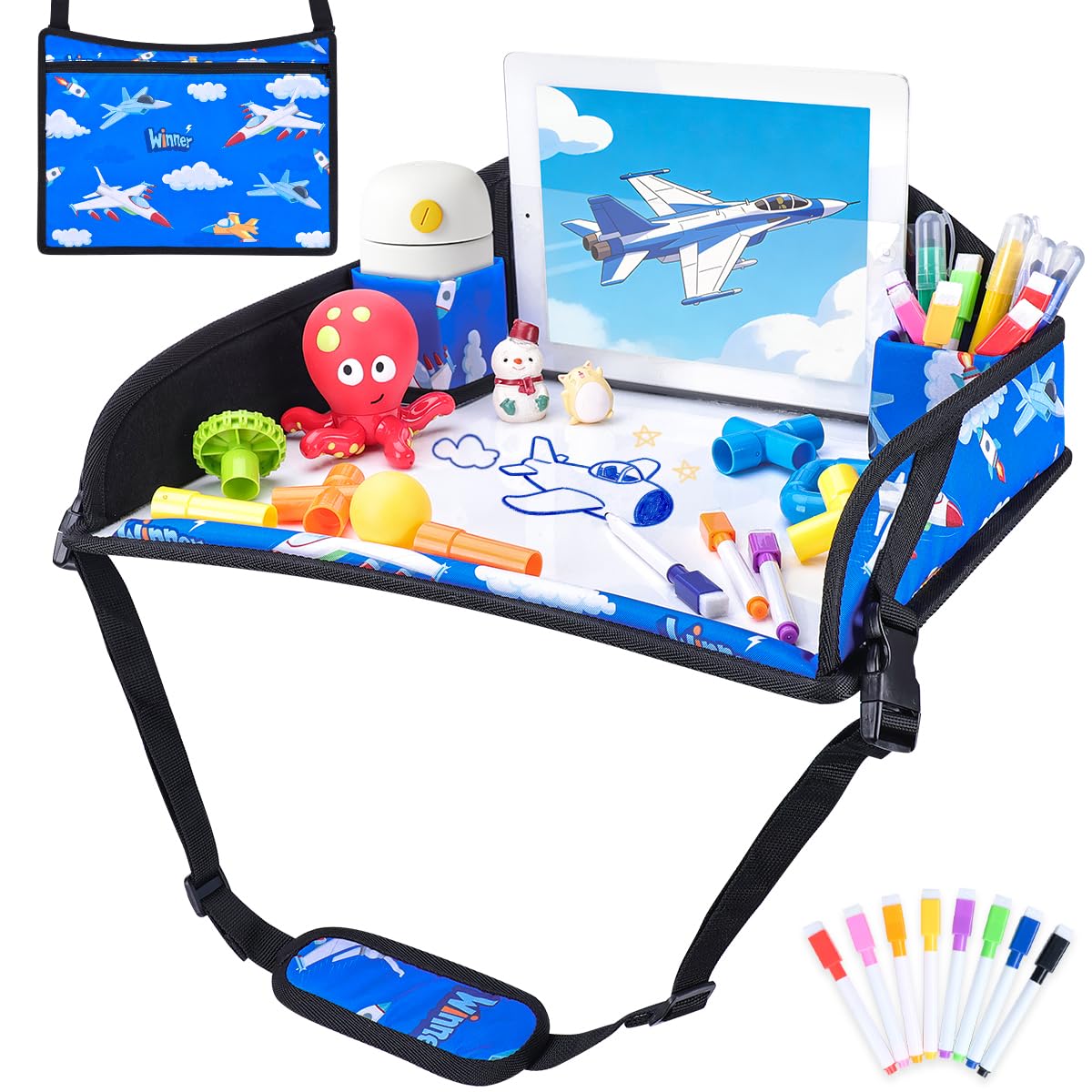 COOLBEBE Kids Travel Tray for Toddler Car Seat, Travel Tray for Airplane, Toddler Car Seat Lap Tray, Carseat Table Tray for Kids Travel Activities (Blue Plane)