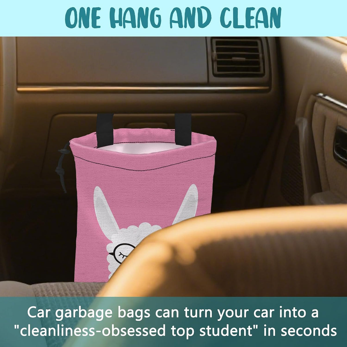 Car Garbage Bag Cute White Alpaca in Glasses Drawstring Car Trash Bag Hanging for Back Seat with Adjustable Buckle Canvas Vehicle Trash Can Easy-to-Install