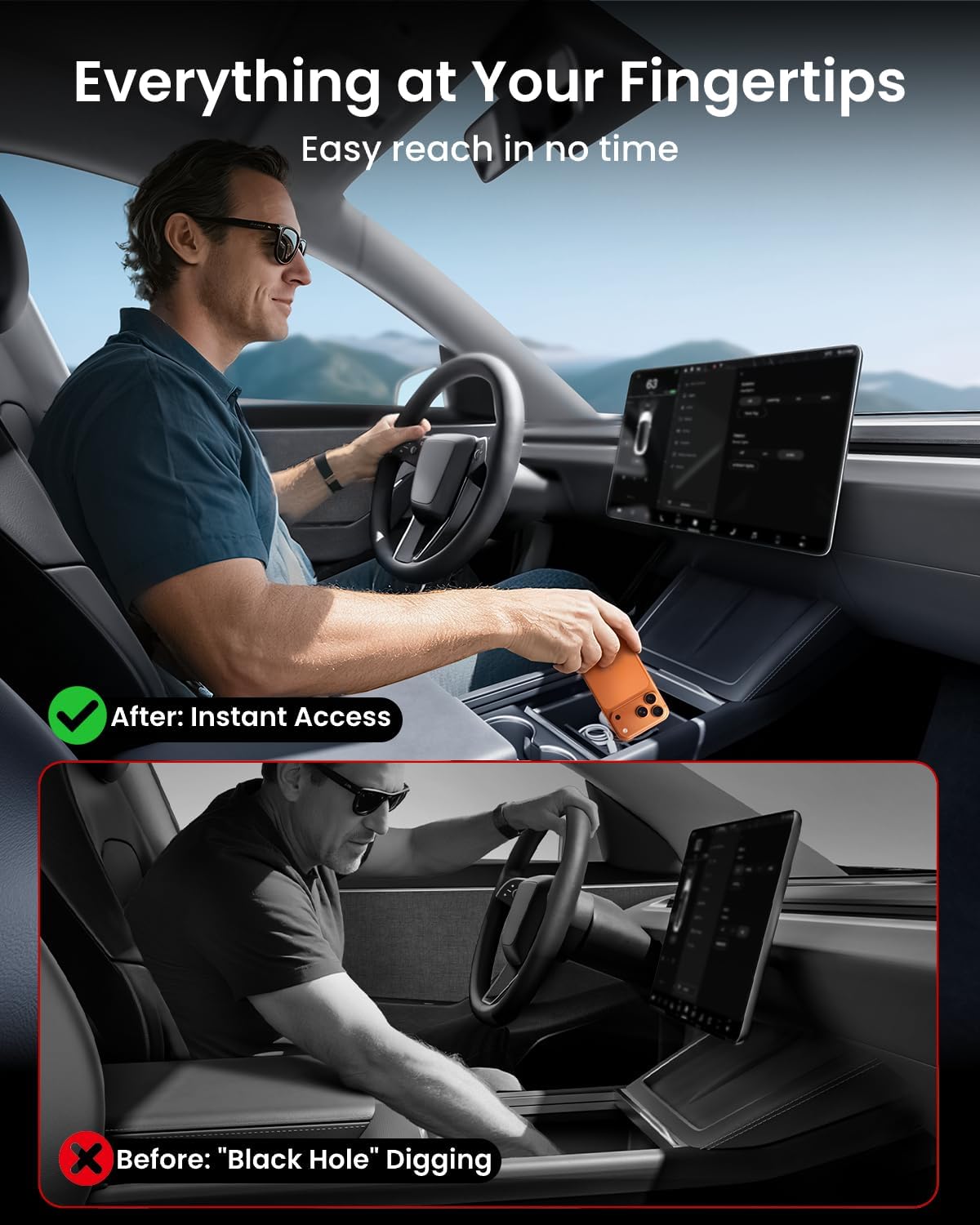 REEVAA 4-in-1 Center Console Organizer Set for Tesla Model Y Juniper & Model 3 Highland 2024/2025/2026, [Maximize Space, Zero Interference], Storage Trays with Odorless Pure Silicone Liners, Black