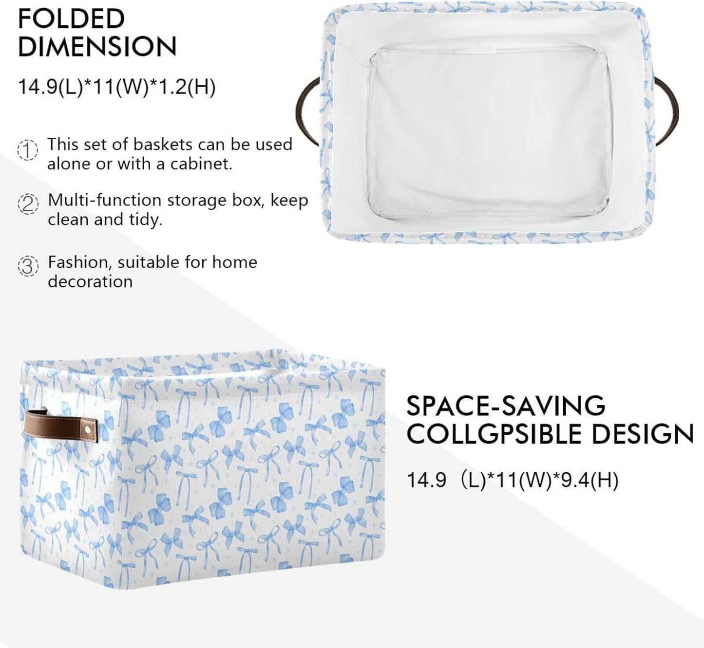Blueangle Blue Ribbon Bow Rectangle Storage Bin, 15 x 11 x 9.5 in, Collapsible Organizer Storage Basket for Home Décor, 2PCS
