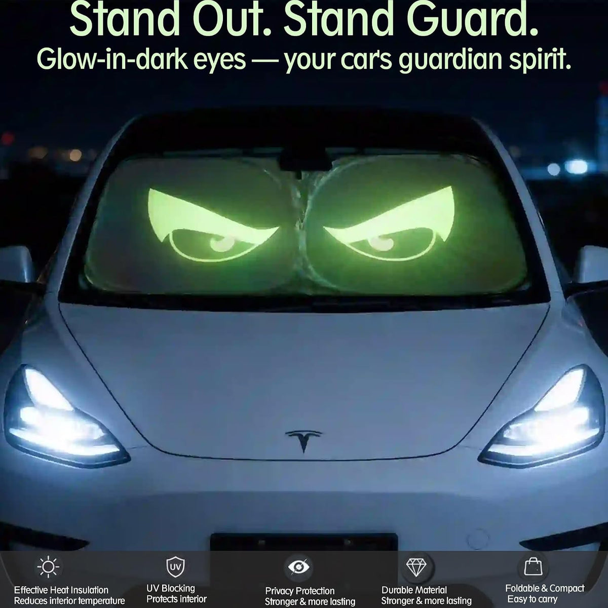 Night Glow Eyes Car Windshield Shade, 230T Holographic Foil, Adjustable Size