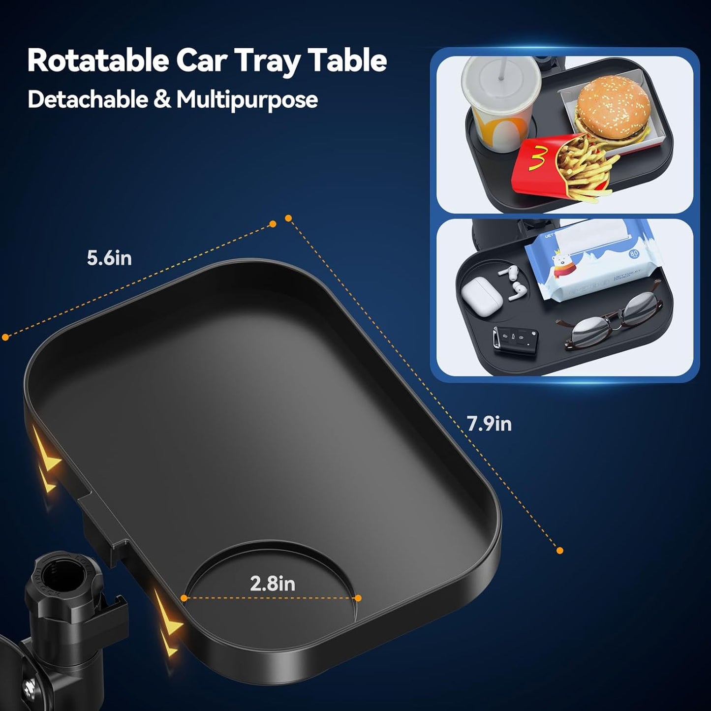 KDD Car Cup Holder Expander - 3 in 1 Cup Holder Adapter with Adjustable Base - Detachable Phone Holder & 360° Rotation Food Tray for Car - Compatible with Vehicles, Car, Road Trip Essentials