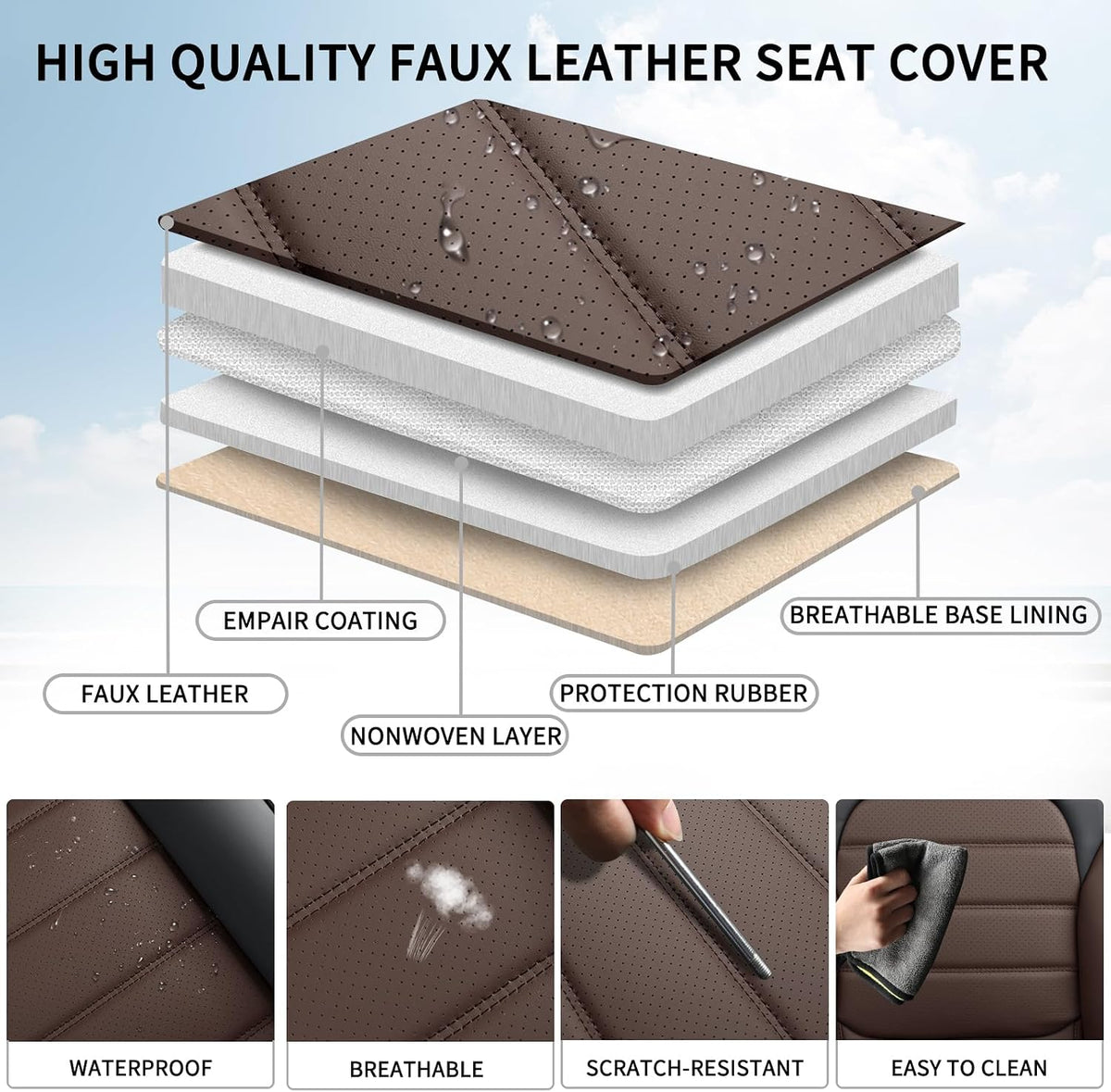 Brown Car Seat Covers Full Set, Universal Faux Leather Seat Covers for Cars 5 Seats, Waterproof Leather Car Seat Covers, Comfortable Automotive Seat Covers for Most Sedans Trucks SUVs