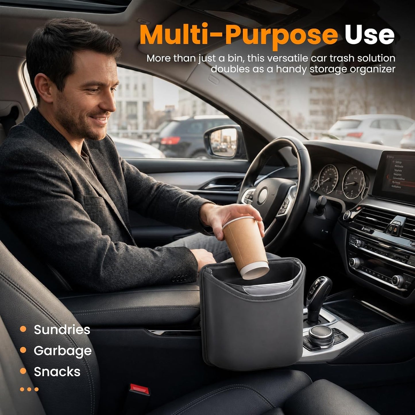 Car Trash Can,Double-Layer Car Grabage Can with Hanging Clips,Leakproof Leather Automotive Trash Bin,Portable & Multi-Purpose Vehicle Garbage Cans for SUV,Truck,Cars Door & Seatback (Black)