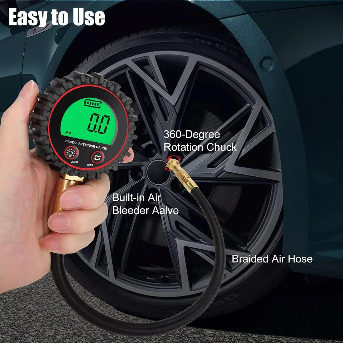 3-255PSI Digital Tire Pressure Gauge with 360° Rotatable Chuck LCD Display Support One-Click Deflation for SUVs RVs Cars