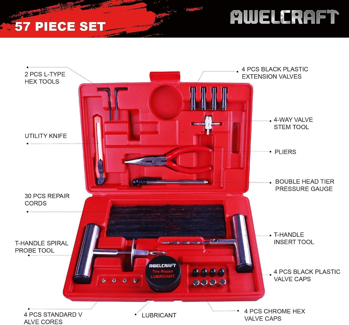 AWELCRAFT 57-Piece Tire Repair Kit – T-Handle Tools with Valve Kit & Case