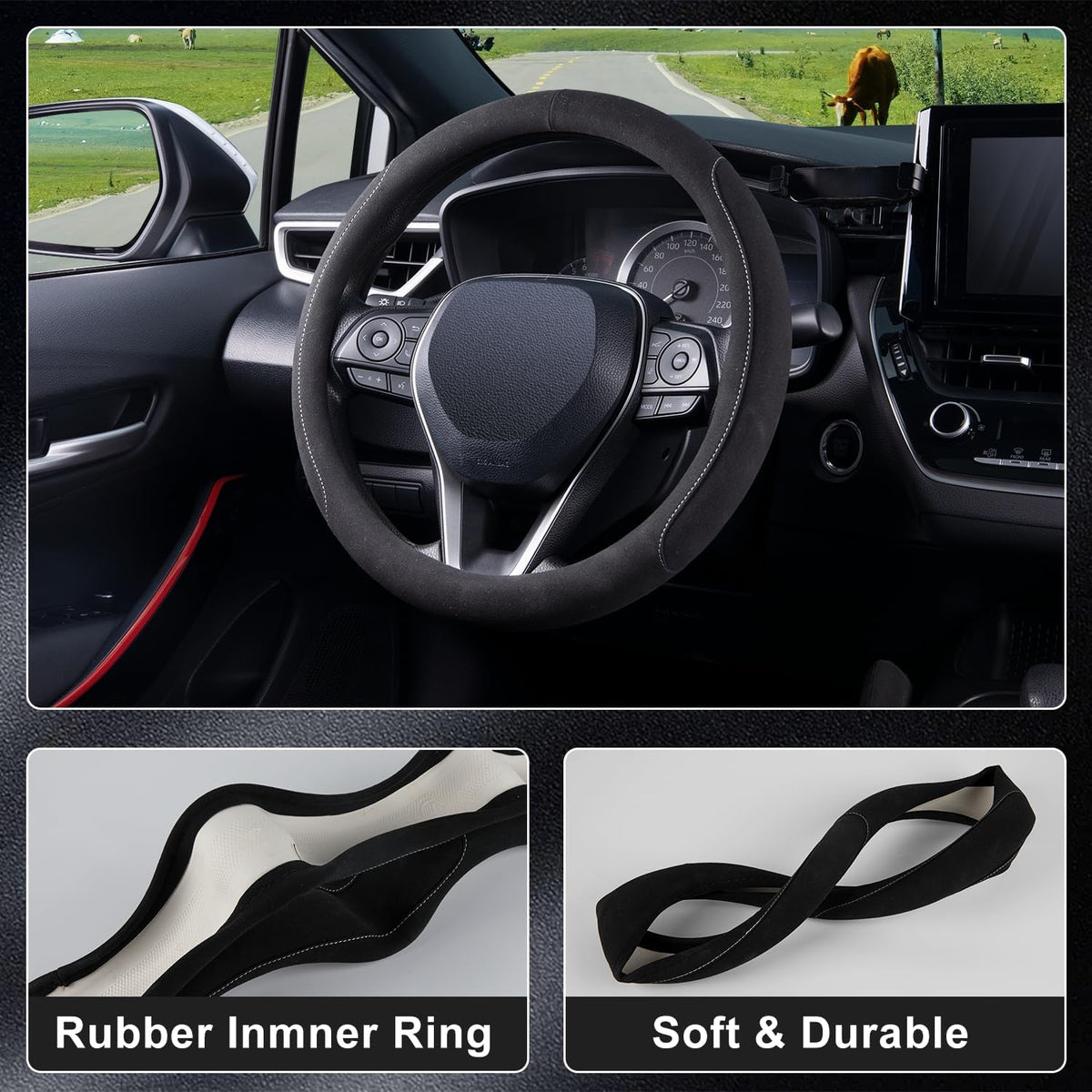 COFIT 15 inch Microfiber Suede Car Steering Wheel Cover, Universal Anti-Slip Grip Protector for SUV Truck, Black