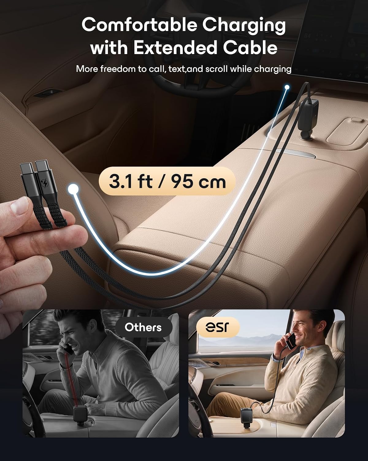 ESR Xtend 100W Retractable Car Charger USB-C & USB-A, Fast Charge, 3-in-1