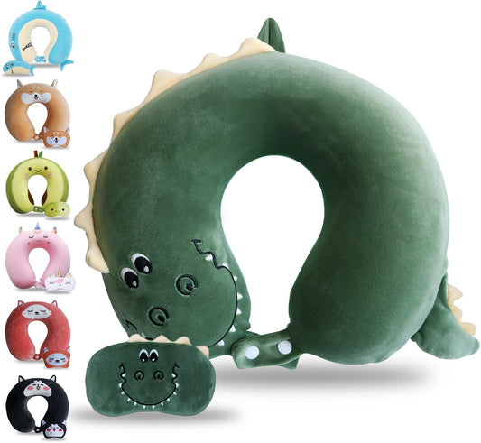Sexysamba Cartoon Headrest & Neck Pillow for Kids Boys & Girls, Teens, Travel Accessories for Airplane, Car, Recline, Memory Foam Cute Travel Pillow with Sleep Eye Mask - Dinosaur
