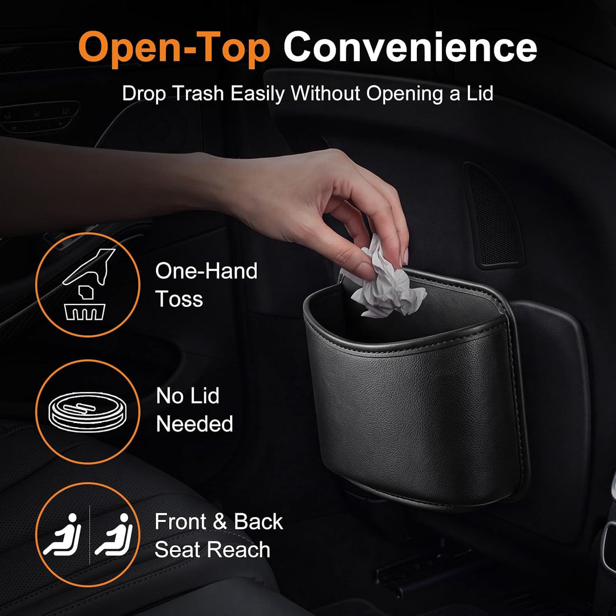 Leather Car Trash Can Hanging Car Garbage Bin with 4 Roll Trash Bag Leakproof Faux Leather Auto Garbage Container Easy Clean Vehicle Waste Basket for Suv, Truck, Sedan, Easy to Install, Black
