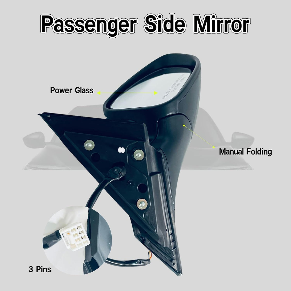 Passenger Side Mirror Compatible With 2018-2022 Honda Accord LX, Sport,With Power Glass,Non-Heated/No-Turn Signal/Manual Folding 3Pins,Black