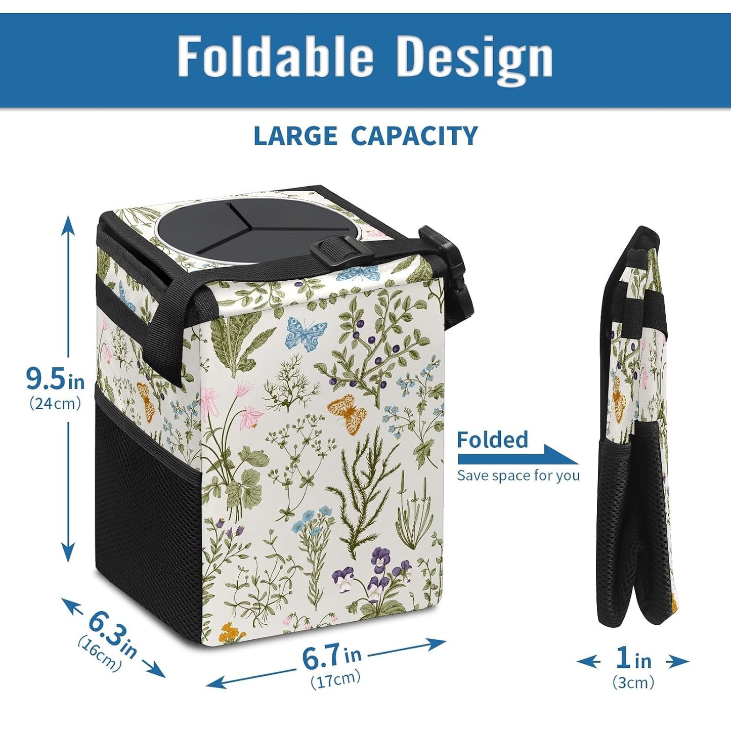 Car Trash Can with Lid Vintage Botanical Wildflowers Collapsible Reusable Leak-Proof Auto Garage Bag,Hanging Vehicle Car Accessories Interior Car Organizer
