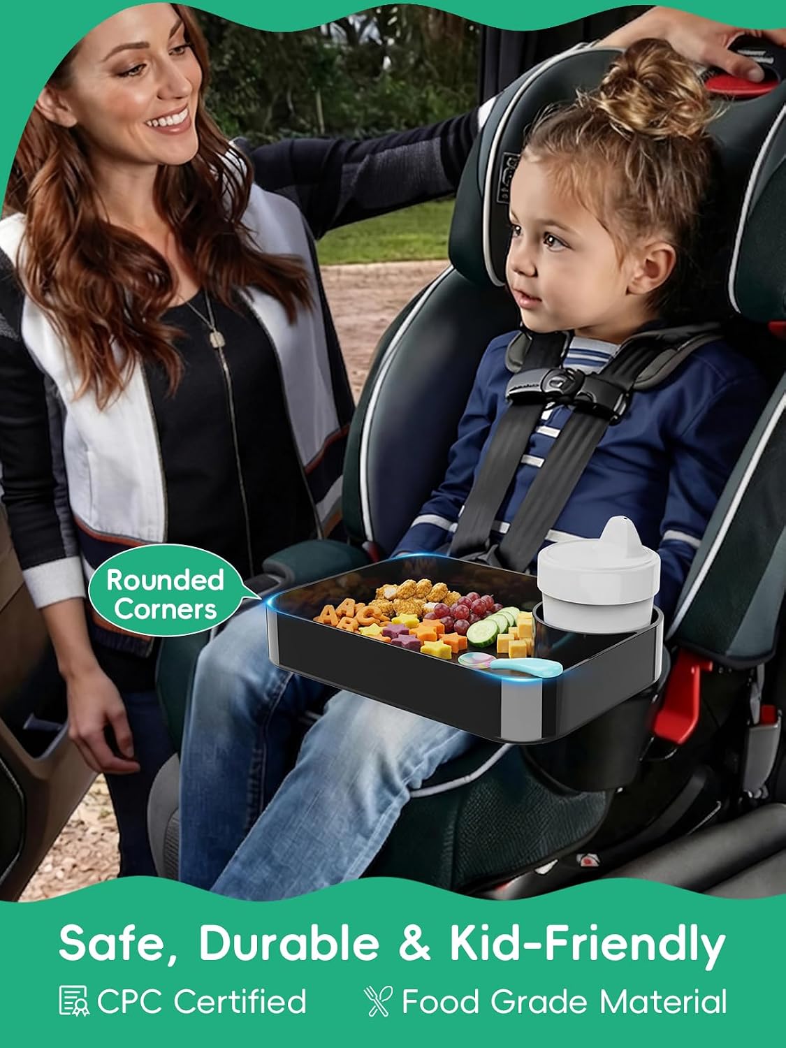 Car Seat Cup Holder Snack Tray for Kids, Reduces Mess, Detachable Large Base & Adjustable Ring, Carseat Tray for Toddler, Car Seat Food Tray Eating Table for Kids Travel Road Trip Essentials