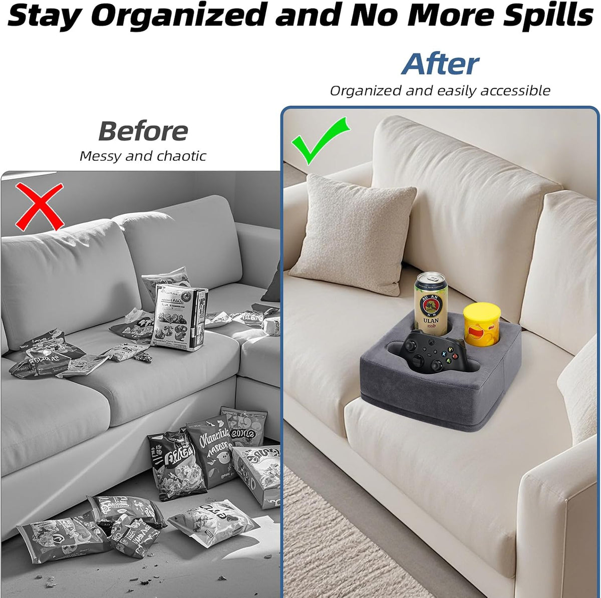 G GOOD GAIN Couch Cup Holder Pillow, Spill-Proof Sofa Drink Cup Holder & Multi-Use Organizer for Sofa, Bed, Car, Beach - Holds Mugs, Phone, Snacks, Remote Control, KeepTemp Design (Grey)