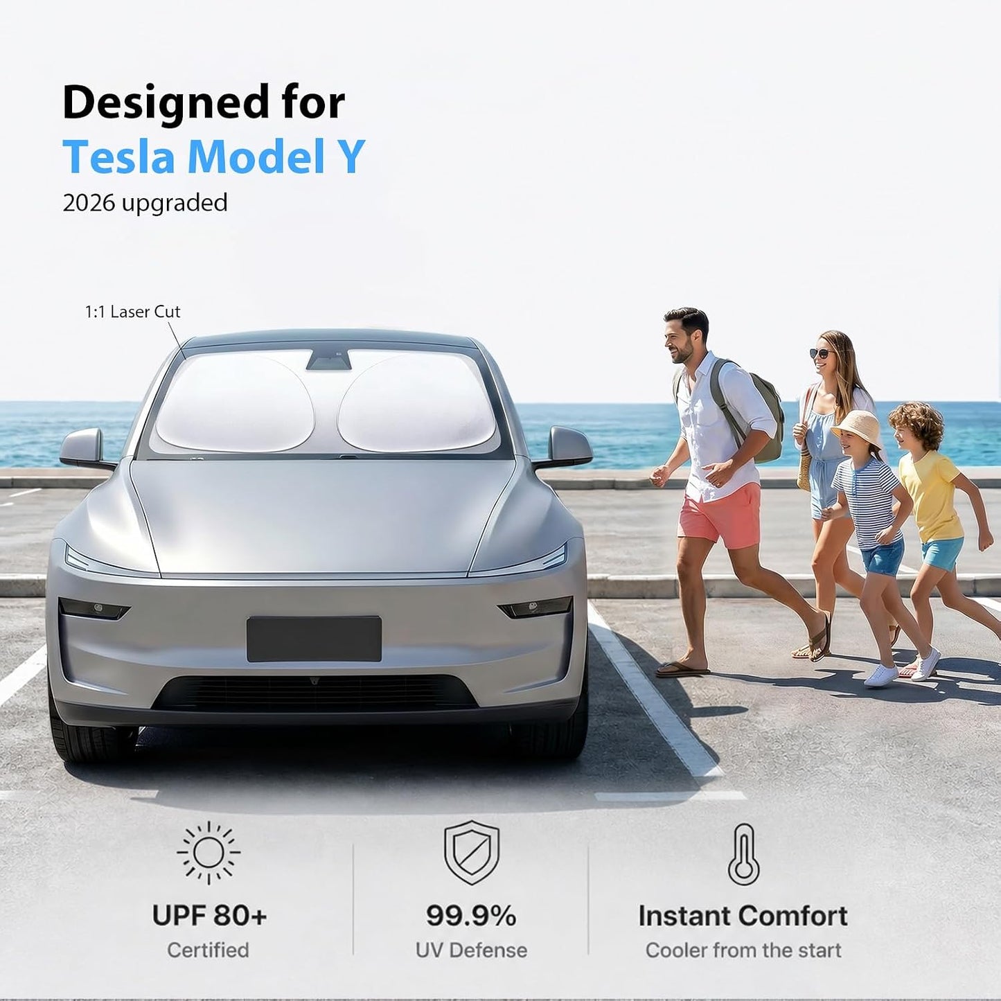 2026 Custom Fit Windshield Sunshade for Tesla Model Y, Superior UV & Heat Block, Cooling Fabric, Durable Foldable with Bag, Fits 2020-2026 Juniper