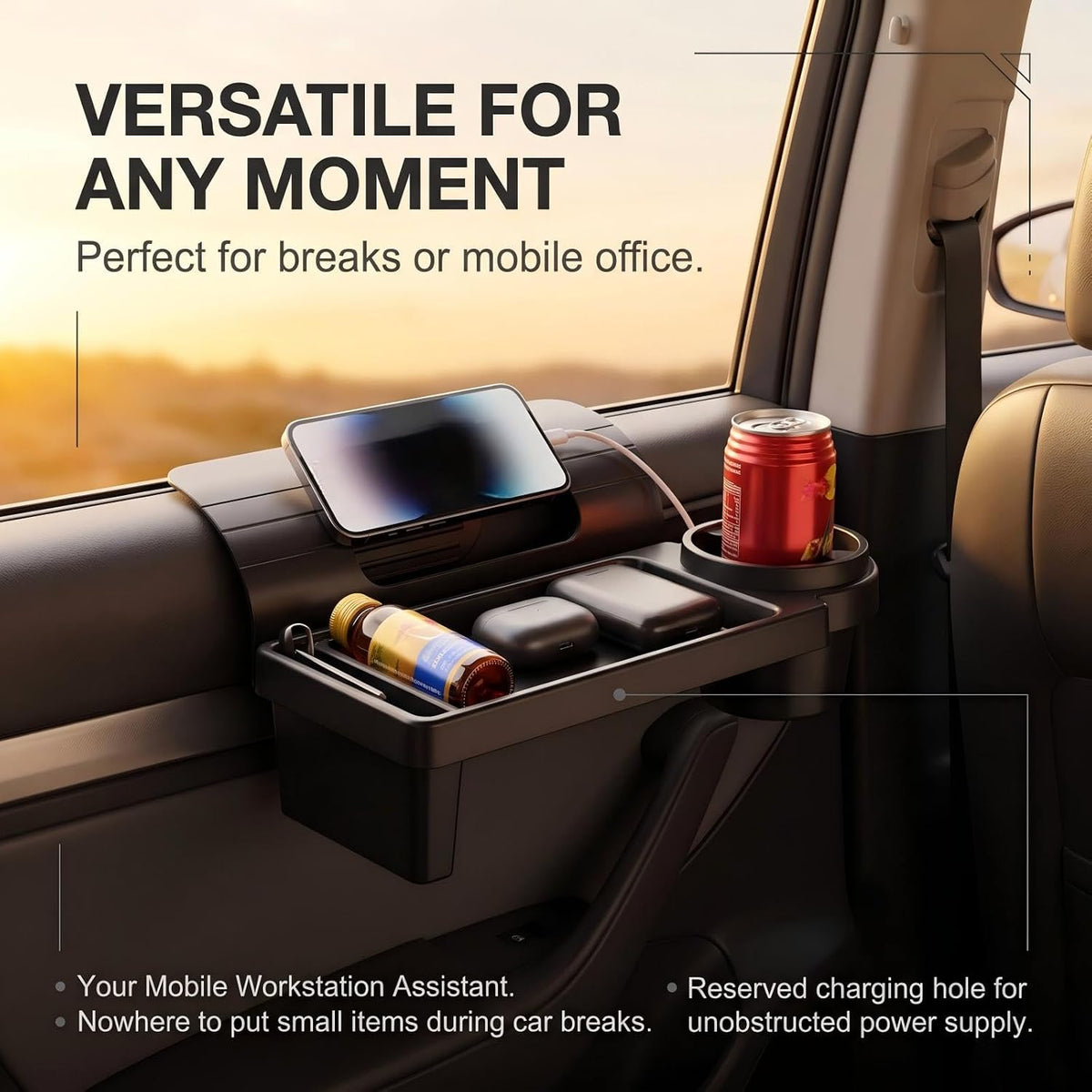 Car Window Hanging Storage Organizer, Clip Type Car Cup Holder & Phone Holder Tray, Multifunctional Auto Door Side Water Cup Mount for Drinks Phones Small Items (Black#A)