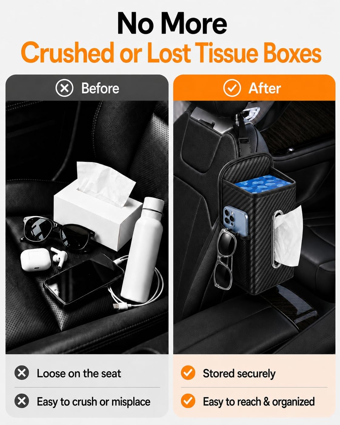 Leather Car Tissue Holder for Front & Back Seats, Car Tissue Box with 2 Side Mesh Pockets, Wide Metal Opening for Easy Pull, Fits 100–160 Count Rectangular Tissue Boxes, Carbon Fiber