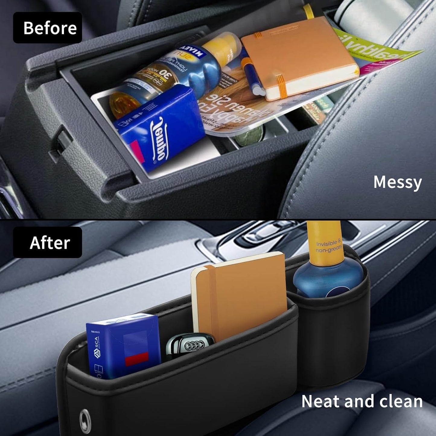 Car Leather Cup Holder Gap Bag 2-Piece Car Seat Gap Filler with Cup Holders for Cups Glasses Keycard (Main and Passenger) (Classic Black)