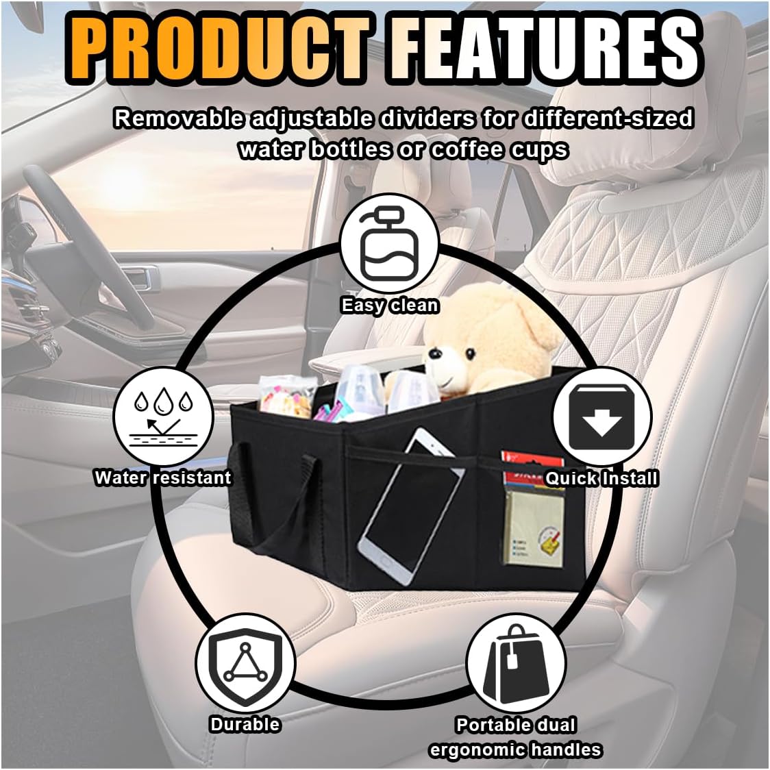 GLSOWEE Car Seat Organizer, Foldable Car Storage Organizer with 4 Cup Holders, Rear & Front Seat Storage Bags, Black