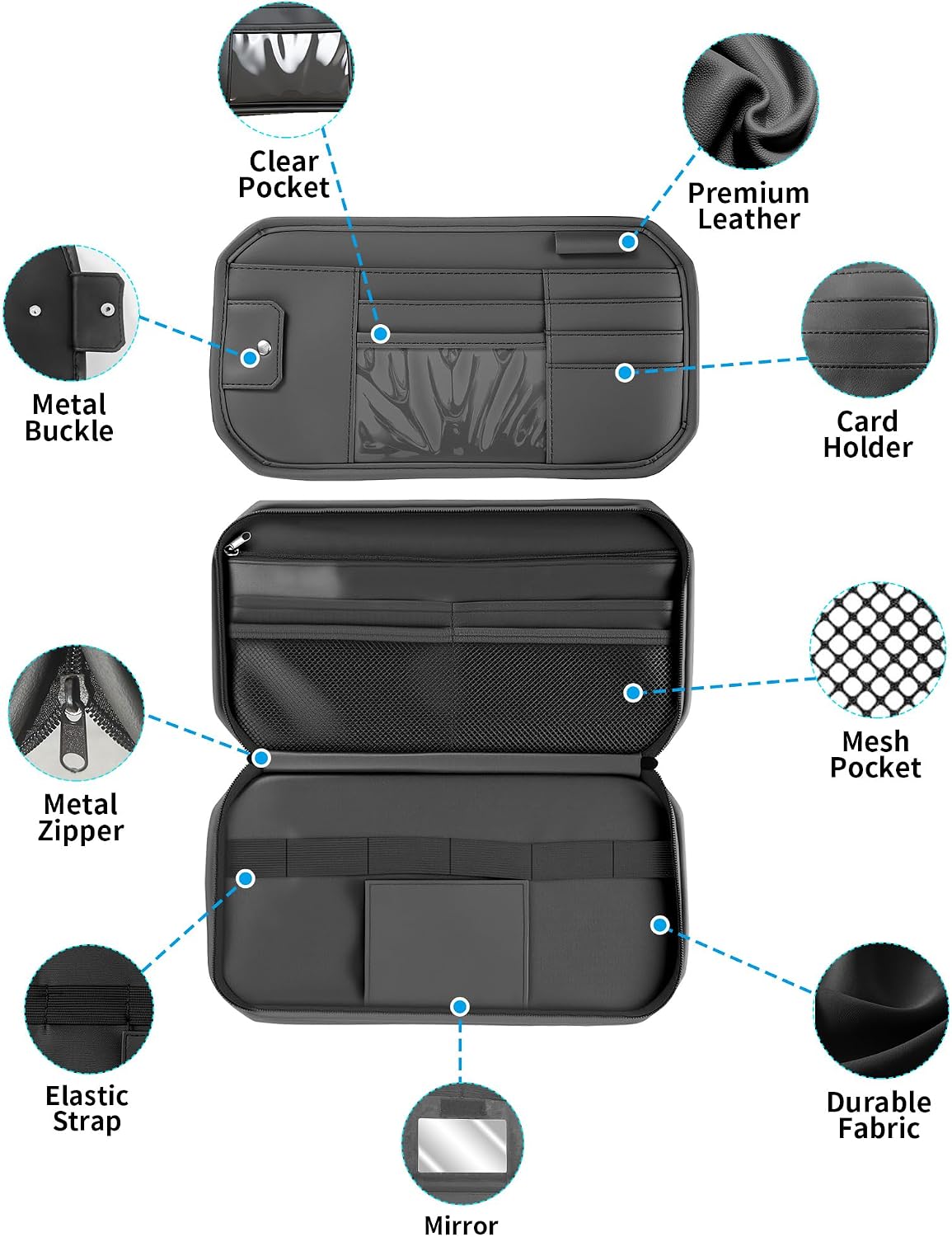 Car Sun Visor Organizer with Multi Pockets PU Leather Zipper Bag