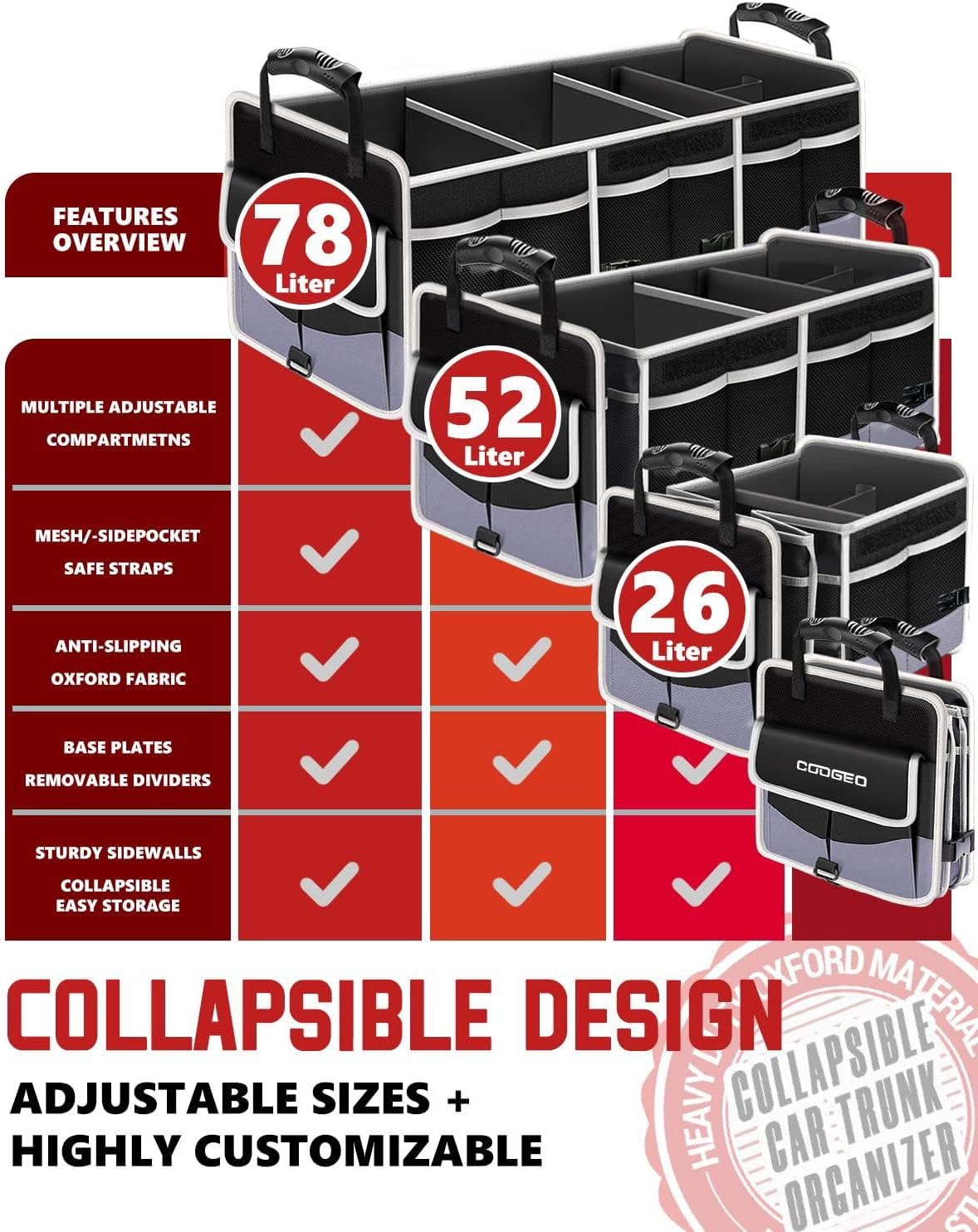Car Trunk Organizer with Portable Leak Proof Cooler Bag, 3 Compartments Collapsible Car Organizers and Storage with Foldable Cover, Fathers Day Dad Gifts, Suitable for SUV, Auto, Truck, Minivan