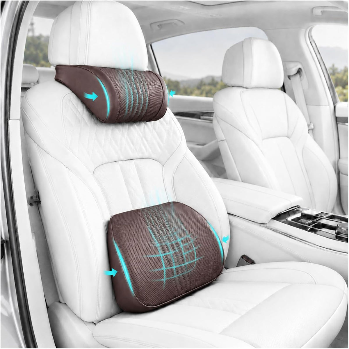 Universal Memory Foam Car Headrest Neck Pillow and Lumbar Support Pillow Set Ergonomic 2 Piece Car Seat Back Cushion with Breathable PU Leather Adjustable Straps for Driving SUVs Trucks，Brown