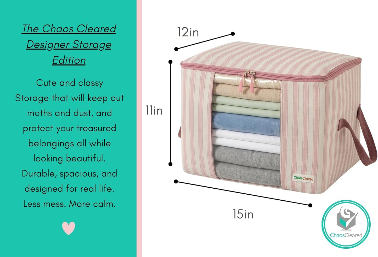 Chaos Cleared Kids Storage Bags – 100% Cotton Canvas Toy & Clothes Organizer with Cute Design – Storage Bin for Stuffed Animals, Baby Items & Clothes with Zipper & Handles (Pink Stripe Print)