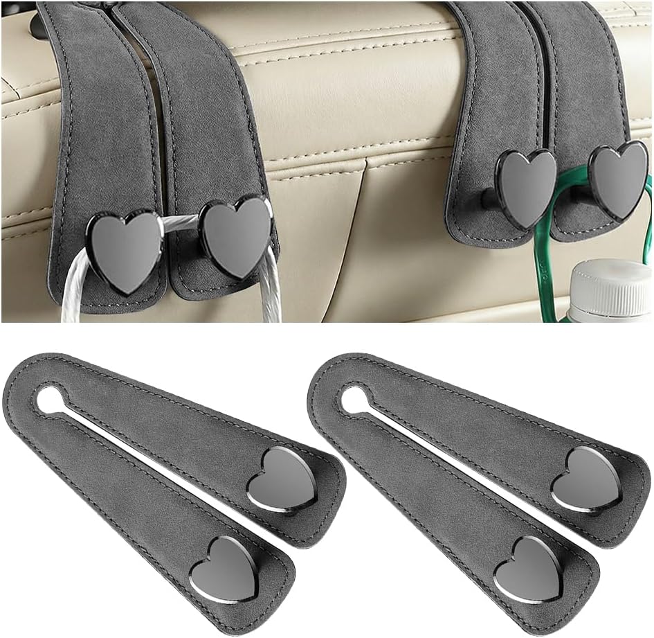 2PCS Car Seat Headrest Hooks, Heart-Shaped Twin Hook Vehicle Seat Back Purse Bag Storage Organizer, Cute Auto Interior Backseat Hanger Holder for Coat Umbrella Hat, Universal Fit (Gray)