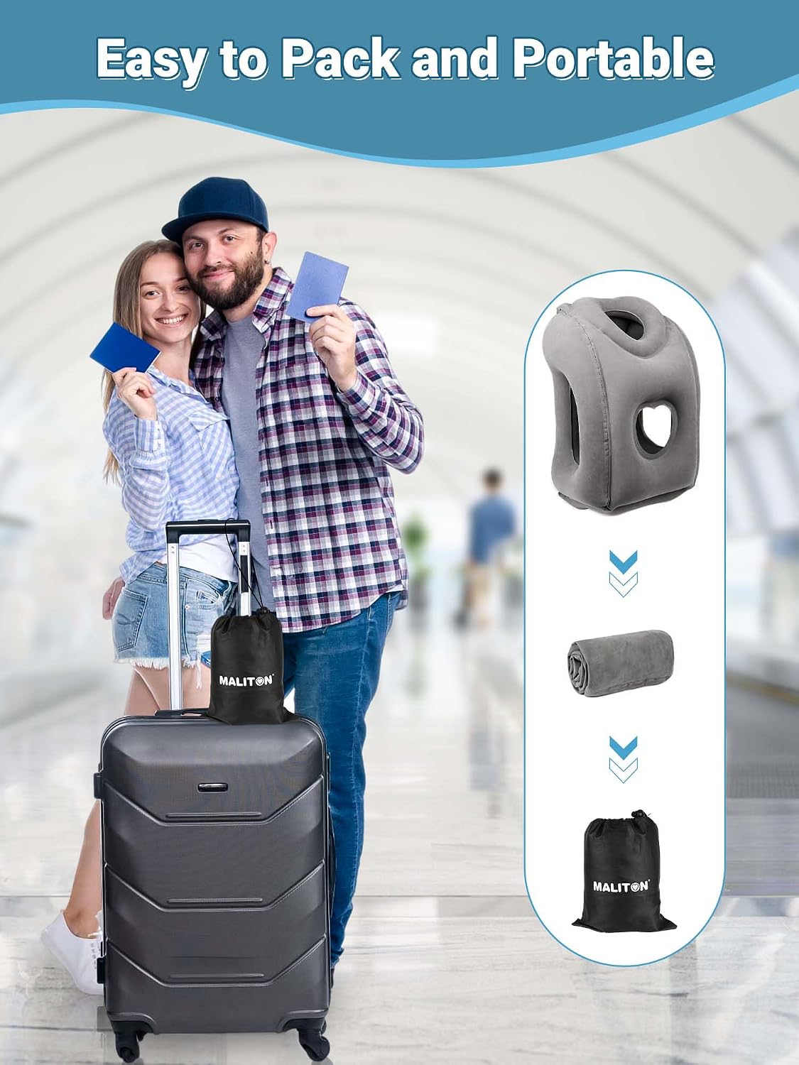 Maliton Inflatable Travel Pillow for Airplane (Dark Grey) | Comfortable Sleeping to Relieve Neck & Shoulder Pain,Support Head Inflatable Pillow for Long Flights, Used for Cars,Trains
