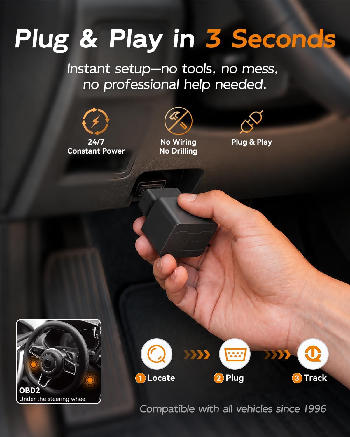 OBD GPS Tracker for Vehicles, No Subscription, No Monthly Fees, 4G LTE Built-in SIM, Data Plan Included, Plug & Play Car Tracker, Real-Time Location, Geofence Alerts for Cars & Fleets
