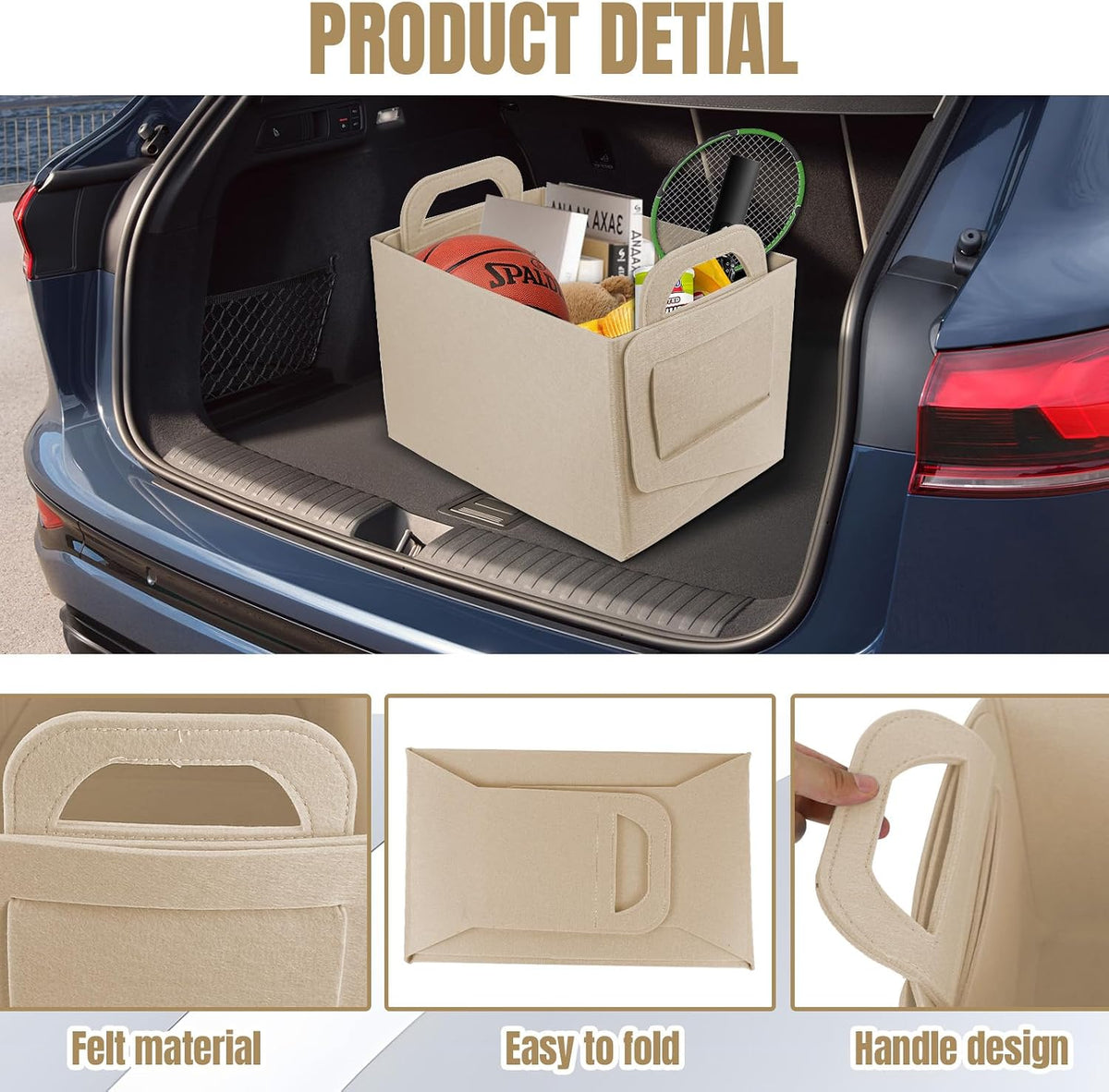 Hovom 2PCS Car Trunk Organizer, Foldable Trunk Organizer for SUV, Collapsible Felt Vehicle Organizers and Storage Box, Universal Felt Storage Basket, Travel Essentials, Car Accessories (Beige)