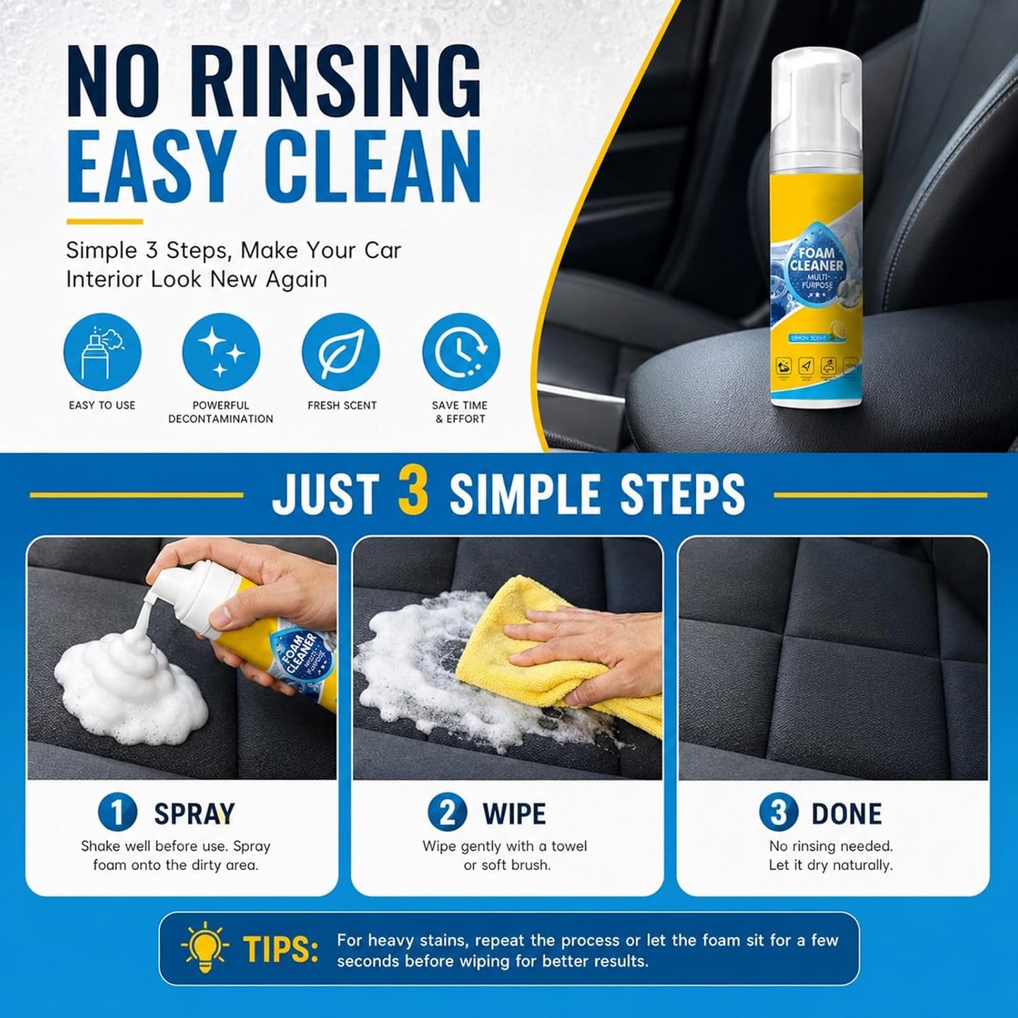 Interior No Rinse Foam Cleaner Premium Car Seat Cleaner Foam Upholstery Cleaner Car Headliner Dry Foam No Rinse Cleaner Leather Fabric Furniture White Shoe Carpet Detailer (Foam Cleaner, 150ml, 2PC)